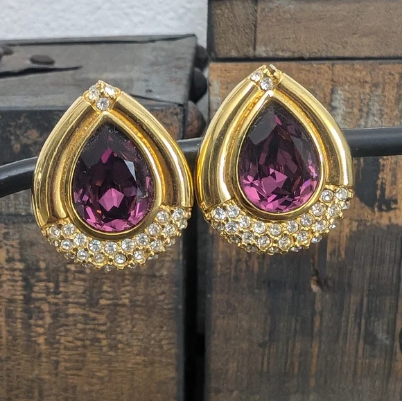 Swarovski Amethyst Crystal and Clear Crystal Gold Tone Earrings Clip Style - Picture 4 of 11